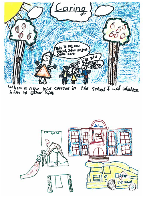 Child's drawing of children welcoming a new student to school.